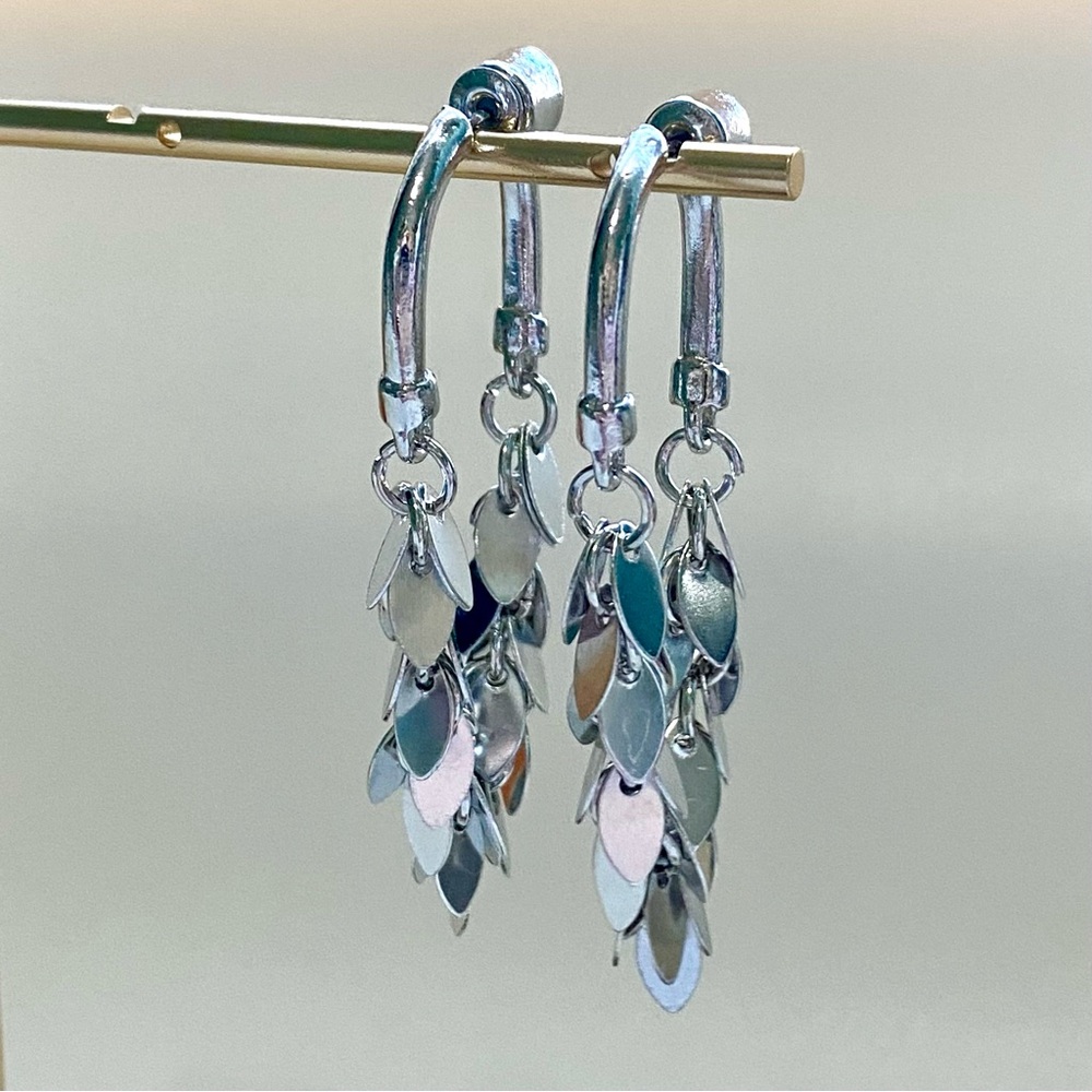 Silver Dangle Hoop Earrings with Shimmering Leaf Charms